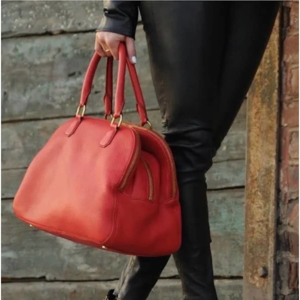 Classic J.Crew Biennial Satchel Red Leather Gold Hardware mob wife Quiet luxury